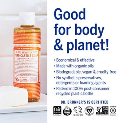 Dr. Bronner's - Pure-Castile Liquid Soap (Tea Tree, 4 Ounce) - Made with Organic Oils, 18-in-1 Uses: Acne-Prone Skin, Dandruff, Laundry, Pets and Dishes, Concentrated, Vegan, Non-GMO - Image 4