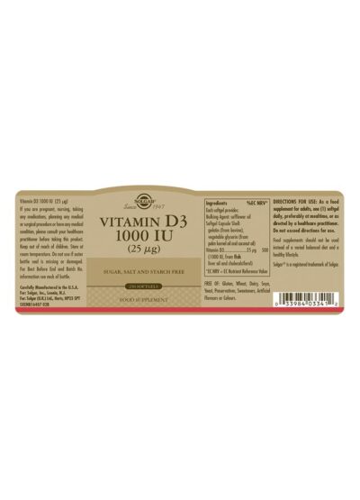 Solgar Vitamin D3 (Cholecalciferol) 25 MCG (1000 IU), 250 Softgels - Helps Maintain Healthy Bones & Teeth - Immune System Support - Non-GMO, Gluten Free, Dairy Free - 250 Servings - Image 2