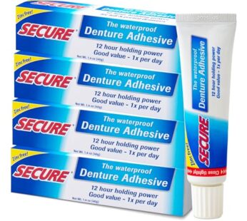 Secure Waterproof Denture Adhesive – Zinc Free – Extra Strong 12 Hour Hold – 1.4 oz (Pack of 4)