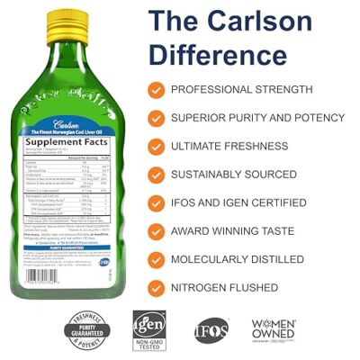 Carlson - Cod Liver Oil, 1100 mg Omega-3s, plus Vitamins A and D3, Wild Caught Norwegian Arctic Cod Liver Oil, Sustainably Sourced Nordic Fish Oil Liquid, Lemon, 500 mL (16.9 Fl Oz) - Image 2