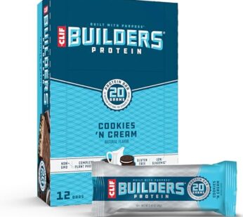 CLIF Builders – Cookies ‘n Cream Flavor – Plant Based Protein Bars – Gluten Free – Non-GMO – Low Glycemic – 20g Protein – 2.4 oz. (12 Count)