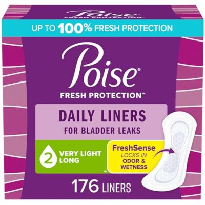 Poise Daily Liners, Incontinence Panty Liners, 2 Drop Very Light Absorbency, Long Length, 176 Count of Pantiliners (4 Packs of 44), Packaging May Vary