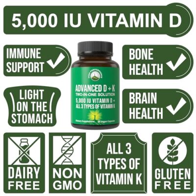 Peak Performance Advanced Vitamin D 5000 IU with All 3 Types of Vitamin K Vitamin D3 and Vitamin K2, K1, MK-7 (MK7), MK4 Supplement. 60 Small and Easy to Swallow Vegetable Pills (5000 IU) - Image 3