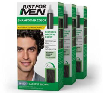 Just For Men Shampoo-In Color (Formerly Original Formula), Mens Hair Color with Keratin and Vitamin E for Stronger Hair – Darkest Brown, H-50, Pack of 3