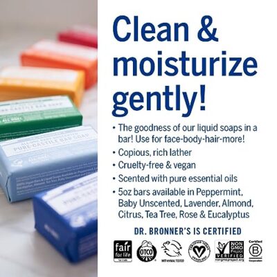 Dr. Bronner's - Pure-Castile Bar Soap (Baby Unscented, 5 ounce, 3-pack) - Made with Organic Oils, For Face, Body, Hair, Gentle for Sensitive Skin, Babies, No Added Fragrance, Biodegradable, Vegan - Image 6