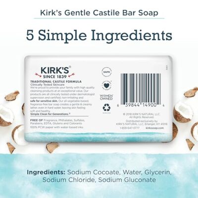 Kirk's Castile Bar Soap Clean Soap for Men, Women & Children | Premium Coconut Oil | Sensitive Skin Formula, Vegan | Fragrance-Free/Unscented | 4 oz. Bars - 3 Pack - Image 2