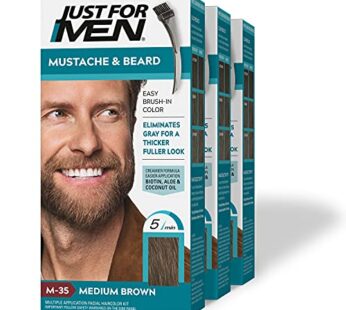 Just For Men Mustache & Beard, Beard Dye for Men with Brush Included for Easy Application, With Biotin Aloe and Coconut Oil for Healthy Facial Hair – Medium Brown, M-35, Pack of 3