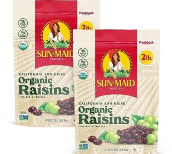 Sun-Maid Organic California Sun-Dried Raisins – (2 Pack) 32 oz Resealable Bag – Organic Dried Fruit Snack for Lunches, Snacks, and Natural Sweeteners