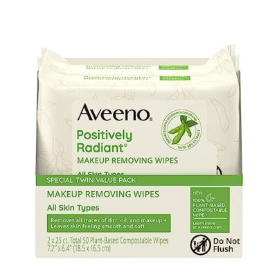 Aveeno Positively Radiant Oil-Free Makeup Removing Face Wipes to Help Even Skin Tone and Texture with Moisture-Rich Soy Extract, Gentle Facial Cleansing Wipes, Twin Pack, 2 x 25 ct. - Image 6