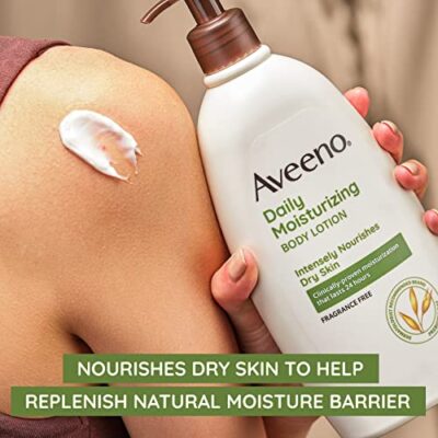 Aveeno Daily Moisturizing Body Lotion with Soothing Prebiotic Oat, Gentle Lotion Nourishes Dry Skin With Moisture, Paraben-, Dye- & Fragrance-Free, Non-Greasy & Non-Comedogenic, 12 fl. Oz - Image 3