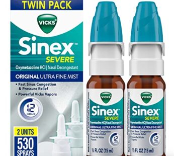 Vicks Sinex SEVERE Nasal Spray, Original Ultra Fine Mist, Decongestant Medicine, Relief from Stuffy Nose due to Cold or Allergy, & Nasal Congestion, Sinus Pressure Relief, 265 Sprays x 2