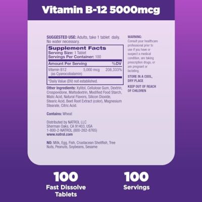 Natrol Vitamin B12 Fast Dissolve Tablets, Promotes Energy, Supports a Healthy Nervous System, Maximum Strength, Strawberry Flavor, 5,000mcg, 100 Count - Image 5