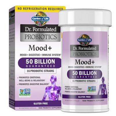 Garden of Life Dr. Formulated Probiotics Mood+ Acidophilus Probiotic Supplement - Promotes Emotional Well-Being, Relaxation and Digestive Balance - Ashwagandha for Stress Management, 60 Veggie Caps