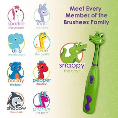 Brusheez? Kids? Electric Toothbrush Set - Safe & Effective for Ages 3+ - Parent Tested & Approved with Gentle Bristles, 2 Brush Heads, Rinse Cup, 2-Minute Timer, & Storage Base (Snappy The Croc) - Image 6