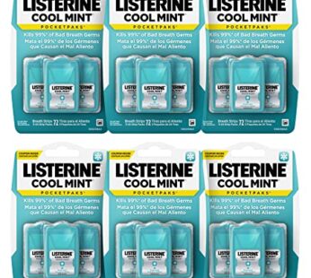 Listerine Cool Mint PocketPaks Portable Breath Strips for Bad Breath, Fresh Breath Strips to Kill 99% of Bad Breath Germs* On-The-Go, Cool Mint Flavor, 72 Count (Pack of 6)