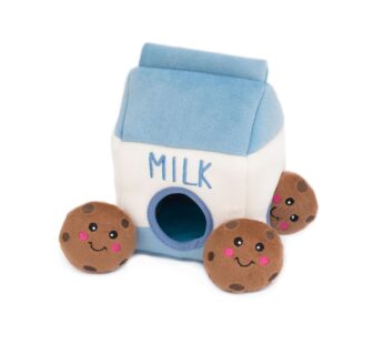 ZippyPaws – Food Buddies Burrow, Interactive Squeaky Hide and Seek Plush Dog Toy – Milk and Cookies