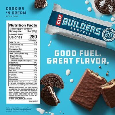 CLIF Builders - Cookies 'n Cream Flavor - Plant Based Protein Bars - Gluten Free - Non-GMO - Low Glycemic - 20g Protein - 2.4 oz. (12 Count) - Image 6