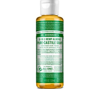 Dr. Bronner’s – Pure-Castile Liquid Soap (Almond, 4 ounce) – Made with Organic Oils, 18-in-1 Uses: Face, Body, Hair, Laundry, Pets and Dishes, Concentrated, Vegan, Non-GMO