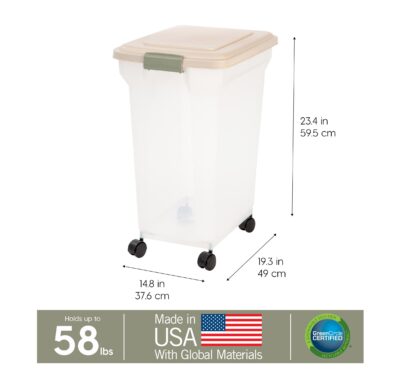 IRIS USA WeatherPro Airtight Dog Food Storage Container, Up to 58 lbs, Attachable Wheels, For Dog Cat Bird and Other Pet Food Storage Bin, Keep Fresh, Translucent Body, Clear/Almond - Image 4