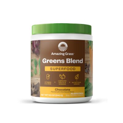 Amazing Grass Greens Superfood Powder: Greens Powder with Digestive Enzymes & Probiotics, Organic Spirulina, Chlorella, and Beet Root Powder, Chocolate, 30 Servings