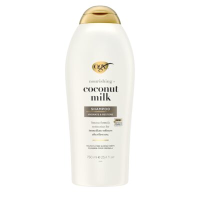 OGX Nourishing + Coconut Milk Shampoo, Hydrating & Restoring Shampoo Moisturizes for Soft Hair After the First Use, Paraben-Free, Sulfate-Free Surfactants, 25.4 fl. oz