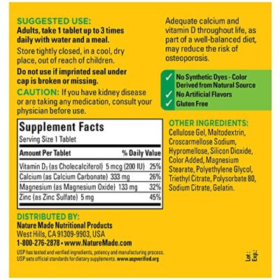 Nature Made Calcium Magnesium Zinc with Vitamin D3, Dietary Supplement for Bone Support, 300 Tablets - Image 6