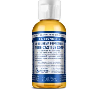 Dr. Bronner’s – Pure-Castile Liquid Soap (Peppermint, Travel Size, 2 ounce) – Made with Organic Oils, 18-in-1 Uses: Face, Body, Hair, Laundry, Pets and Dishes, Concentrated, Vegan, Non-GMO