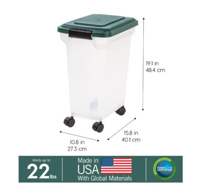 IRIS USA WeatherPro Airtight Dog Food Storage Container, Up to 22 lbs, Attachable Wheels, For Dog Cat Bird and Other Pet Food Storage Bin, Keep Fresh, Translucent Body, Green - Image 2