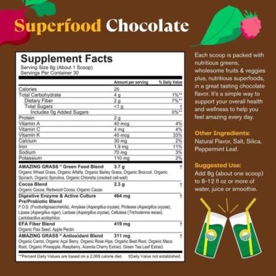 Amazing Grass Greens Superfood Powder: Greens Powder with Digestive Enzymes & Probiotics, Organic Spirulina, Chlorella, and Beet Root Powder, Chocolate, 30 Servings - Image 3