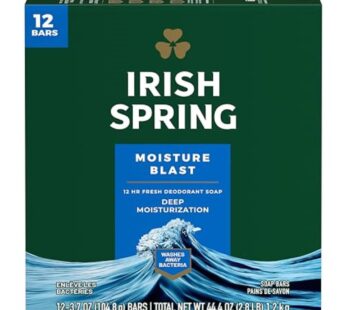 Irish Spring Moisture Blast Deodorant Bar Soap for Men, Feel Fresh All Day, 3.7 oz, 12 Pack