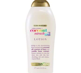 OGX Extra Creamy + Coconut Miracle Oil Ultra Moisture Body Lotion with Vanilla Bean, Fast-Absorbing Lotion for All Skin Types, Paraben-Free and Sulfated-Surfactants Free, 19.5 fl oz