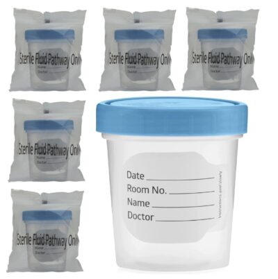 Sterile Specimen Cups Individually Bagged with Lids [5 Count] 4 oz Clear Urine Collection Cup with Leak Proof Screw On Covers - 4.5 Compacity Specimens Jars ? for Safe Pee, Stool, Semen Sample Testing