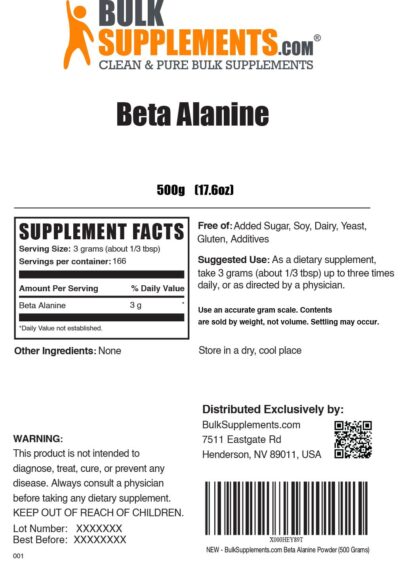 BulkSupplements.com Beta Alanine Powder - Beta Alanine Supplement, Beta Alanine Pre Workout, Beta Alanine 3000mg - Unflavored & Gluten Free, 3g per Serving, 500g (1.1 lbs) (Pack of 1) - Image 7