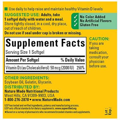 Nature Made Vitamin D3 2000 IU (50 mcg), Dietary Supplement for Bone, Teeth, Muscle and Immune Health Support, 90 Softgels, 90 Day Supply - Image 5