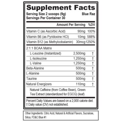 EVL BCAAs Amino Acids Powder - BCAA Energy Pre Workout Powder for Muscle Recovery Lean Growth and Endurance - Rehydrating BCAA Powder Post Workout Recovery Drink with Natural Caffeine - Blue Raz - Image 2