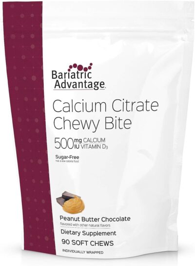 Bariatric Advantage Calcium Citrate Chewy Bites 500mg - For Bariatric Surgery Patients - Vitamin D3 - Sugar-Free Chewable Calcium Supplement - Bariatric Calcium Chews - Peanut Butter Chocolate - 90 Ct