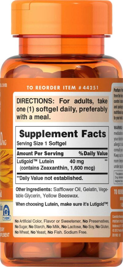 Puritan's Pride Lutein 40 Mg with Zeaxanthin, Helps Support Eye Health*, Whole Bean, 60 Ct, - Image 2
