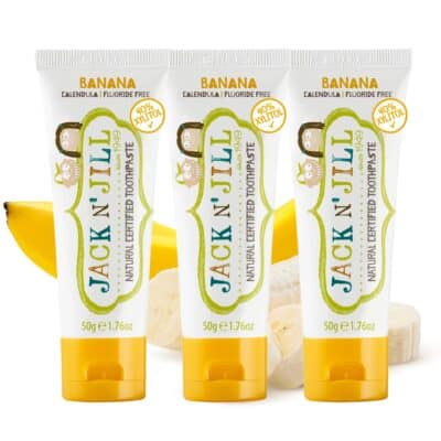 Jack N' Jill Natural Toddler Toothpaste for Baby, Kids and Infants 6 Months & Up, Fluoride Free Training Toothpaste for Toddlers 1-3, 40% Xylitol, BPA Free - Banana, 1.76 oz (Pack of 3)