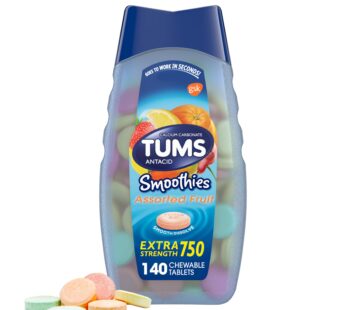 TUMS Smoothies Extra Strength Antacid Chewable Tablets for Heartburn Relief, Assorted Fruit – 140 Count