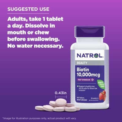 Natrol Beauty Biotin 10000mcg, Dietary Supplement for Healthy Hair, Skin, Nails and Energy Metabolism, 60 Strawberry-Flavored Fast Dissolve Tablets, 60 Day Supply - Image 6