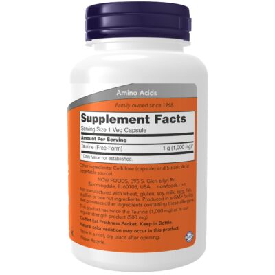 NOW Supplements, Taurine 1,000 mg, Double Strength, Nervous System Health*, 100 Veg Capsules - Image 2