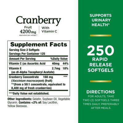 Nature's Bounty Cranberry 4200mg With Vitamin C, Urinary Health & Immune Support, Cranberry Concentrate, 250 Rapid Release Softgels - Image 2