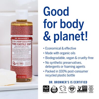 Dr. Bronner's - Pure-Castile Liquid Soap (Eucalyptus, 8 ounce) - Made with Organic Oils, 18-in-1 Uses: Face, Body, Hair, Laundry, Pets and Dishes, Concentrated, Vegan, Non-GMO - Image 4