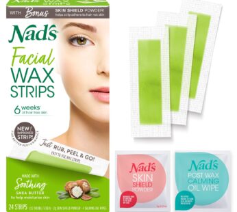 Nad’s Facial Wax Strips – Facial Hair Removal for Women – Waxing Kit With 48 Face Wax Strips + 8 Calming Oil Wipes + Skin Protection Powder