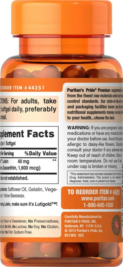 Puritan's Pride Lutein 40 Mg with Zeaxanthin, Helps Support Eye Health*, Whole Bean, 60 Ct, - Image 4