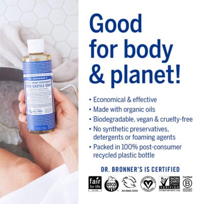 Dr. Bronner's - Pure-Castile Liquid Soap (Peppermint, 8 ounce) - Made with Organic Oils, 18-in-1 Uses: Face, Body, Hair, Laundry, Pets and Dishes, Concentrated, Vegan, Non-GMO - Image 5
