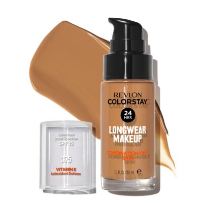 Revlon Liquid Foundation, ColorStay Face Makeup for Combination & Oily Skin, SPF 15, Medium-Full Coverage with Matte Finish, Toffee (375), 1.0 oz