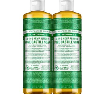 Dr. Bronner’s – Pure-Castile Liquid Soap (Almond, 16 ounce, 2-Pack) – Made with Organic Oils, 18-in-1 Uses: Face, Body, Hair, Laundry, Pets and Dishes, Concentrated, Vegan, Non-GMO
