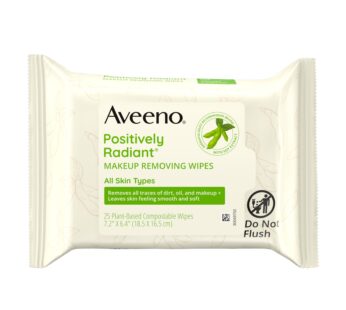 Aveeno Positively Radiant Makeup Remover Wipes, Gentle Individual Face Wipes with Moisture-rich Soy Extract to help leave your skin looking bright, Hypoallergenic Formula, Non-Comedogenic (Pack of 25)