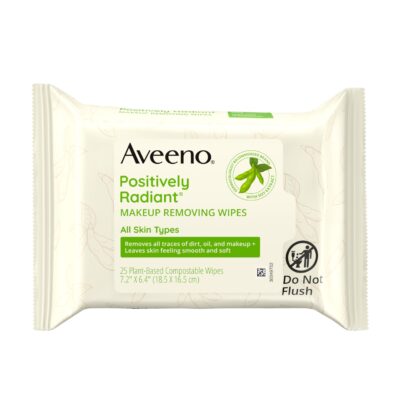 Aveeno Positively Radiant Makeup Remover Wipes, Gentle Individual Face Wipes with Moisture-rich Soy Extract to help leave your skin looking bright, Hypoallergenic Formula, Non-Comedogenic (Pack of 25)